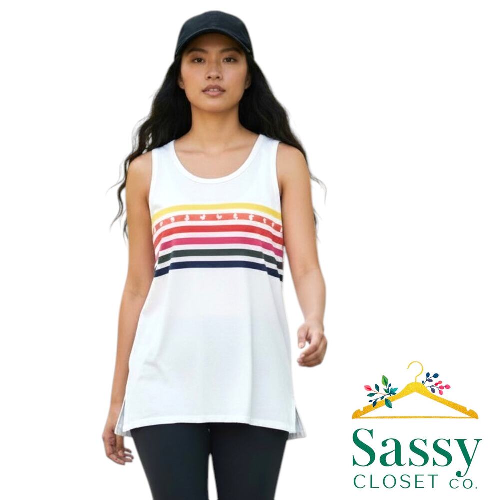 Krimson Klover Stripe Tank Top M White Retro Colorful Layer Cotton Modal NWOT